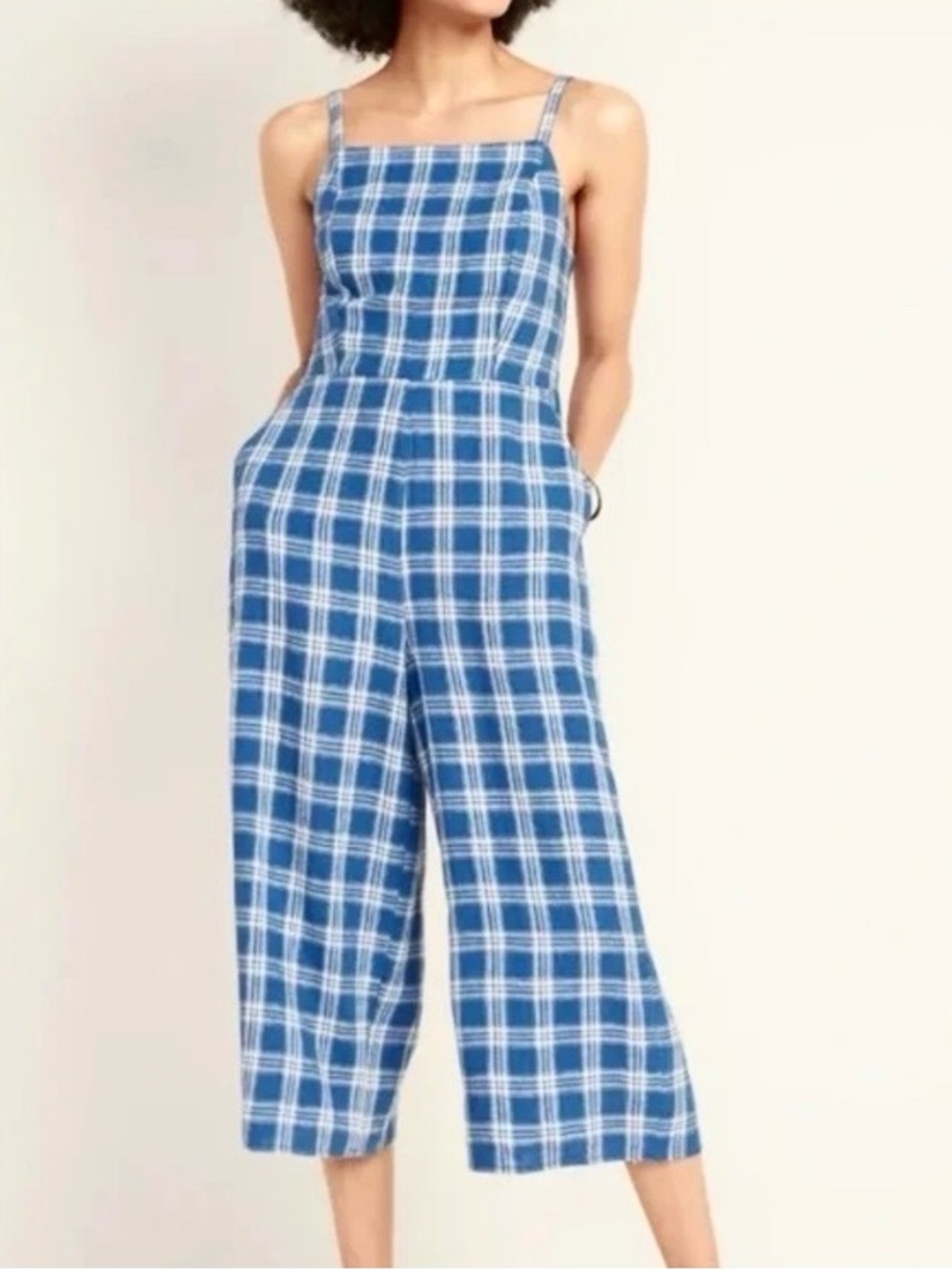 Old Navy Women’s Blue & White Checkered Plaid Linen Spaghetti Strap Jumpsuit